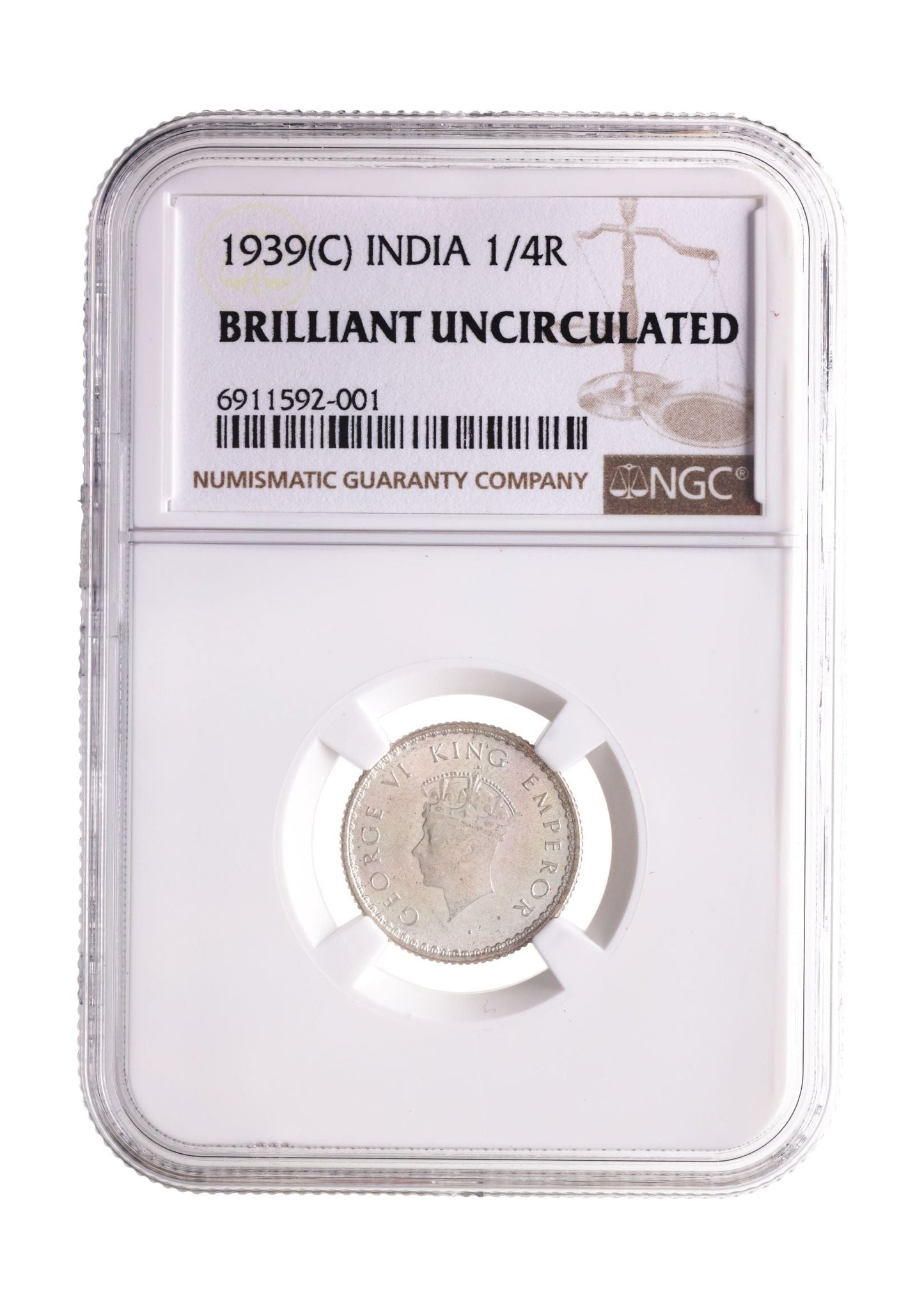 1939 India Silver 1/4 Rupee With Crowned Head Of King George Vi NGC Certified