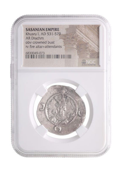 Late Sasanian Empire Large Silver Drachm (6th–7th Century CE) – Khusru I, Khusru II, or Hormizd IV – NGC Certified