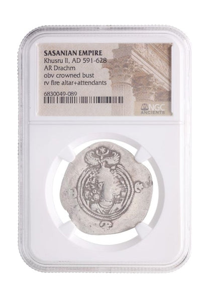 Late Sasanian Empire Large Silver Drachm (6th–7th Century CE) – Khusru I, Khusru II, or Hormizd IV – NGC Certified
