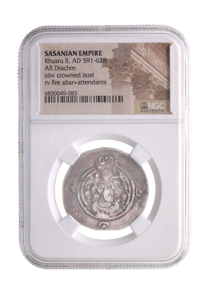 Late Sasanian Empire Large Silver Drachm (6th–7th Century CE) – Khusru I, Khusru II, or Hormizd IV – NGC Certified