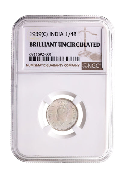1939 India Silver 1/4 Rupee With Crowned Head Of King George Vi NGC Certified