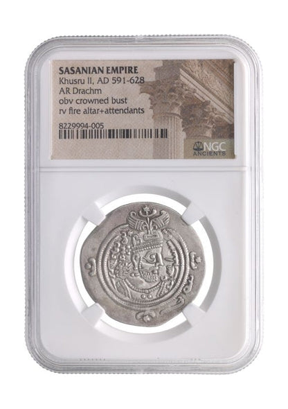 Late Sasanian Empire Large Silver Drachm (6th–7th Century CE) – Khusru I, Khusru II, or Hormizd IV – NGC Certified