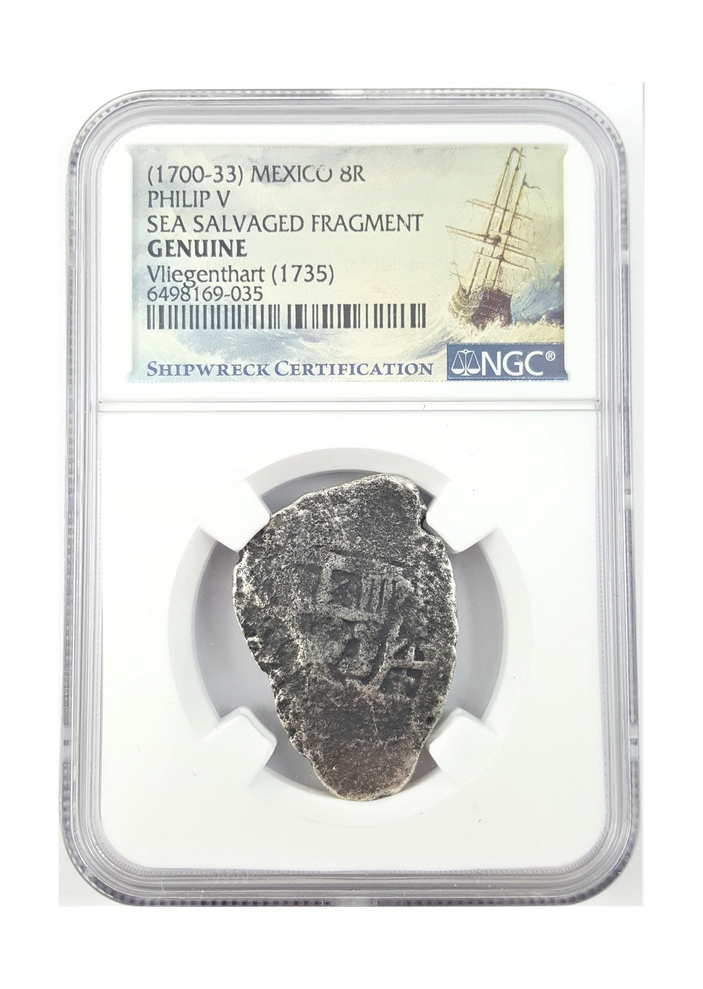 Spain 8 Reales Fragment Of Philip V (1735) – Vliegenthart Shipwreck, NGC Certified