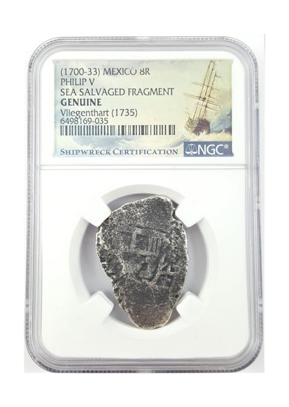 Spain 8 Reales Fragment Of Philip V (1735) – Vliegenthart Shipwreck, NGC Certified